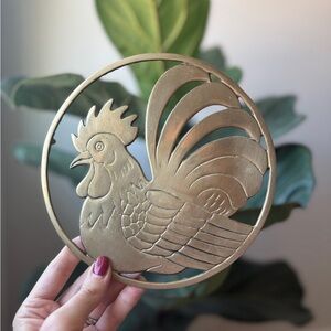 Solid Brass Trivet with Rooster Design Vintage Gold Metal Chicken Farmhouse
